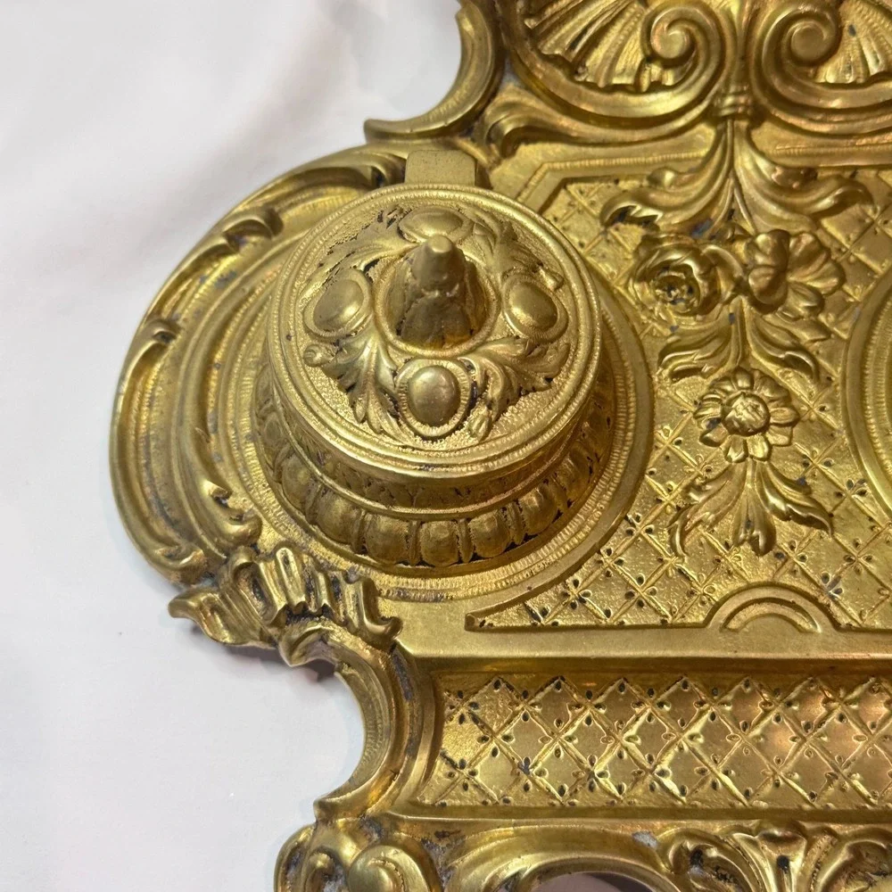 Brass Double Inkwell Antique Rococo Ornate French Art Nouveau Academia Depose